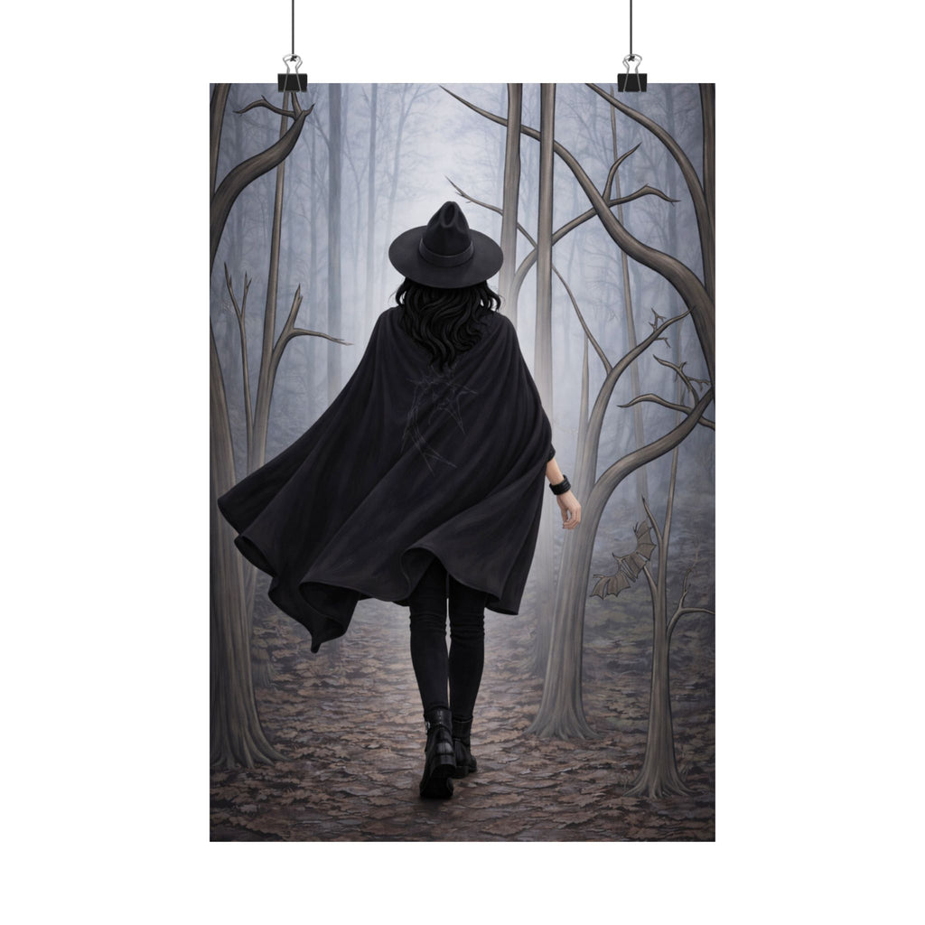 Mysterious Witch in Foggy Forest Matte Vertical Poster