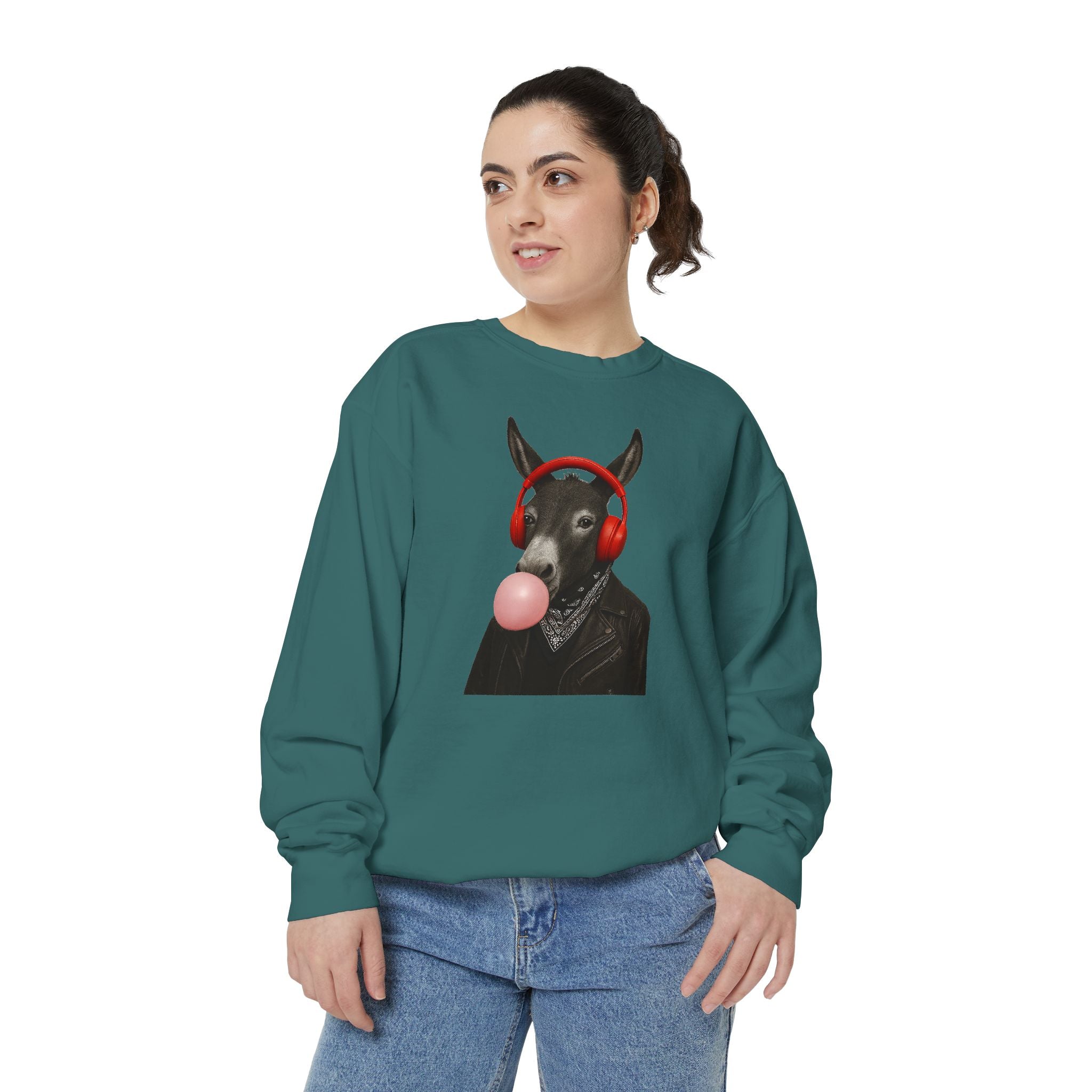 Bubblegum Sweatshirt — Donkey with Headphones Graphic Crewneck