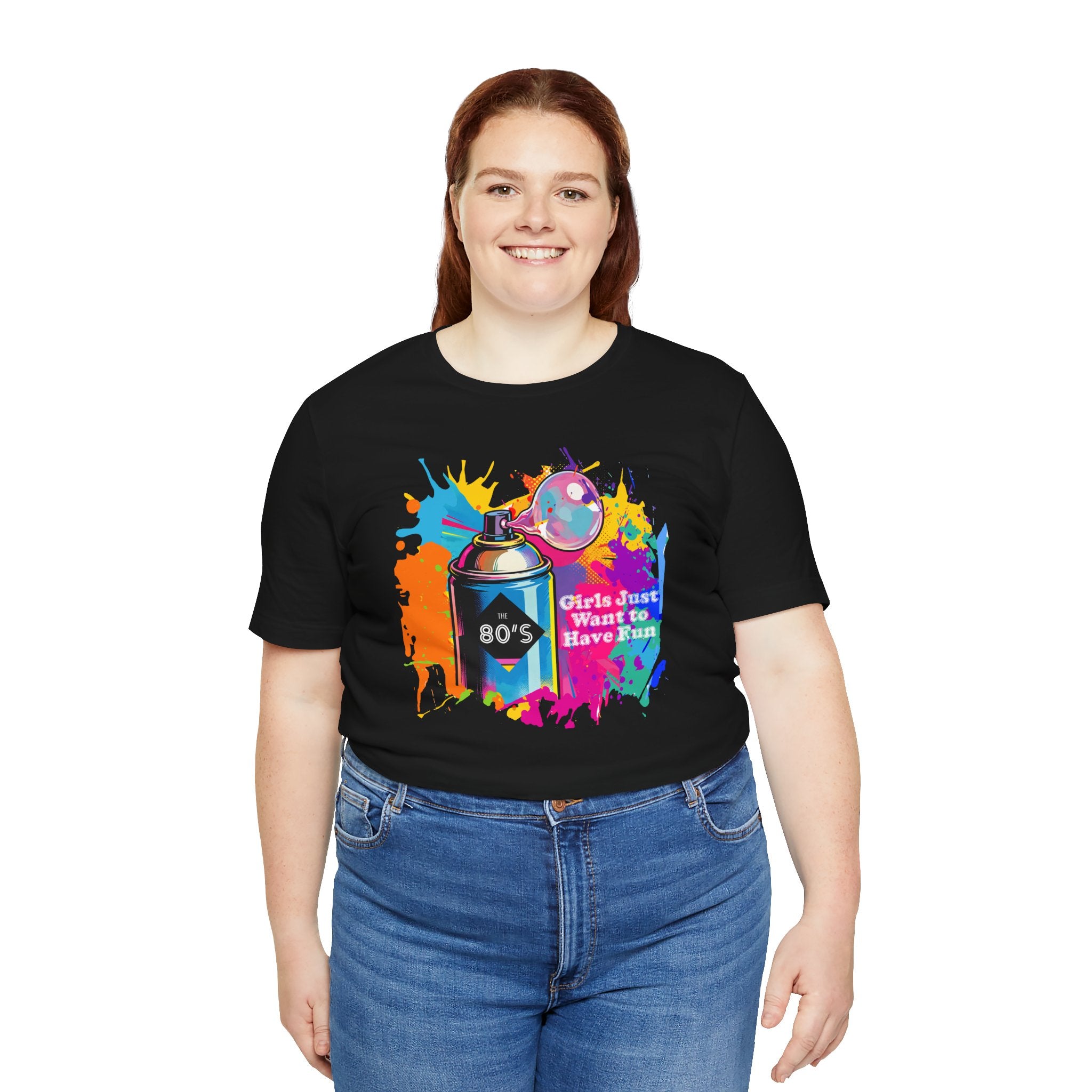 Vibrant retro tee celebrating 80’s pop culture, GIRLS JUST WANT TO HAVE FUN, Casual Wear, Colorful Style