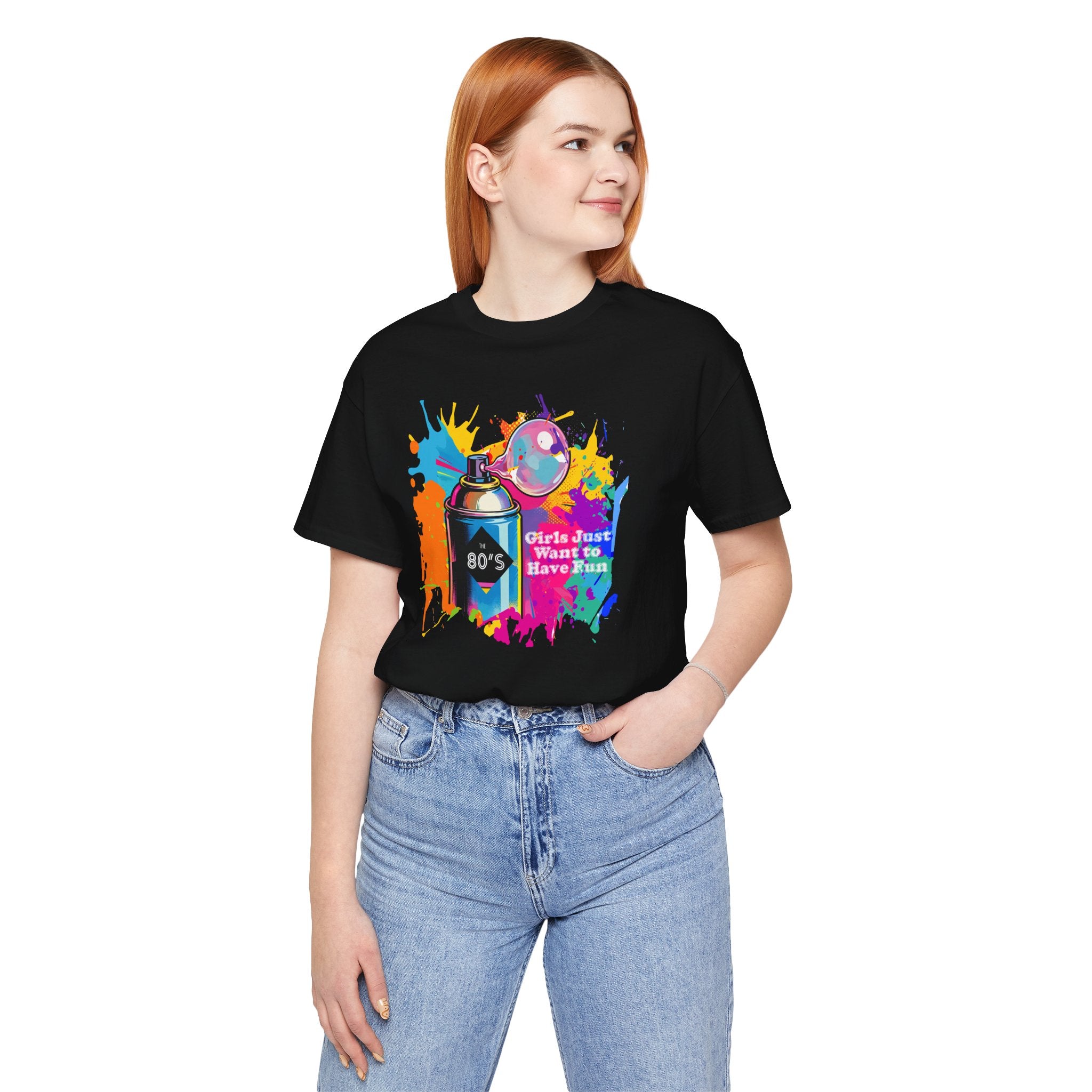 Vibrant retro tee celebrating 80’s pop culture, GIRLS JUST WANT TO HAVE FUN, Casual Wear, Colorful Style